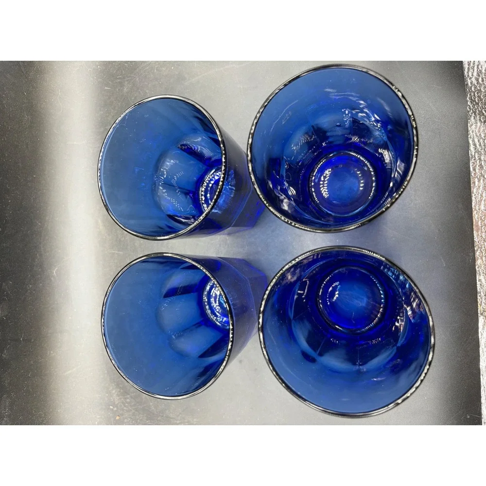 Crisa Cobalt Blue Glass Tumblers Set of 4 Octagonal Base Drinking Glasses 5.5in